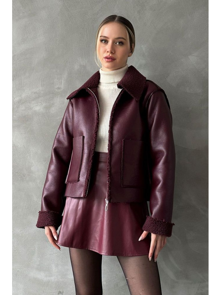 Bordo F 1511 Lamine Deri Fermuarlı Mont